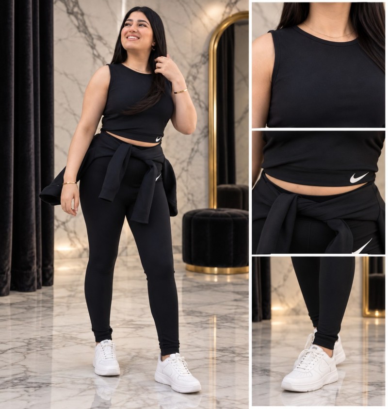 Cliente portant un ensemble noir Celina Fashion : haut court sans manches, legging et sweat noué à la taille, avec trois détails du haut, de la taille et des baskets.
